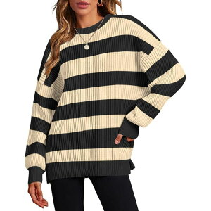 �W�[�O�[ ���f�B�[�X �A�E�^�[ �j�b�g�E�Z�[�^�[ ���u�j�b�g �N���[�l�b�N Zeagoo Women's Oversized Crew Neck Long Sleeve Color Block Rib Knit Pullover Sweater Tops Black Apricot Stripe �u���b�N
