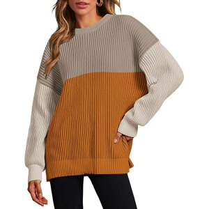 �W�[�O�[ ���f�B�[�X �A�E�^�[ �j�b�g�E�Z�[�^�[ ���u�j�b�g �N���[�l�b�N Zeagoo Women's Oversized Crew Neck Long Sleeve Color Block Rib Knit Pullover Sweater Tops Khaki Orange �I�����W