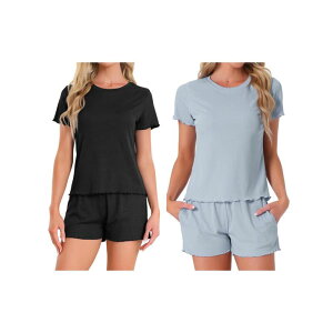 �C���X�p�C�A �V�b�N ���f�B�[�X �A���_�[�E�F�A �i�C�g�E�F�A �N���[�l�b�N �t���� �V���[�g�p���c INSPIRE CHIC 2 Sets Women's Pajama Set Soft Short Sleeve Shortset Crewneck Ruffle Lounge Set with Pocket Black Blue �u