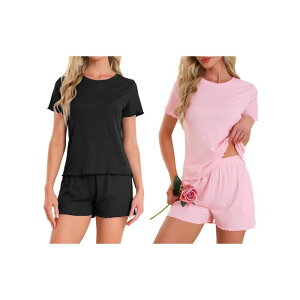 �C���X�p�C�A �V�b�N ���f�B�[�X �A���_�[�E�F�A �i�C�g�E�F�A �N���[�l�b�N �t���� �V���[�g�p���c INSPIRE CHIC 2 Sets Women's Pajama Set Soft Short Sleeve Shortset Crewneck Ruffle Lounge Set with Pocket Black Pink �u