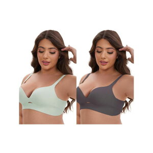 �C���X�p�C�A �V�b�N ���f�B�[�X �A���_�[�E�F�A �u���W���[ V�l�b�N �~�j INSPIRE CHIC 2 Packs Women's Wireless Deep V-Neck Push Up Minimizers Adjustable Spaghetti Straps No Show Bras Green Dark Gray �O���[