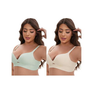 �C���X�p�C�A �V�b�N ���f�B�[�X �A���_�[�E�F�A �u���W���[ V�l�b�N �~�j INSPIRE CHIC 2 Packs Women's Wireless Deep V-Neck Push Up Minimizers Adjustable Spaghetti Straps No Show Bras Green Light Beige �O���[��