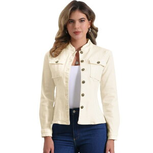 �A���O�� �P�[ ���f�B�[�X �A�E�^�[ �W���P�b�g�E�u���]�� �f�j�� ALLEGRA K Casual Denim Jacket for Women's Classic Stand Collar Long Sleeve Jean Jackets Light Apricot �A�v���R�b�g