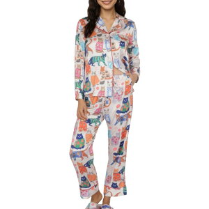 �A���i�J�V ���f�B�[�X �A���_�[�E�F�A �i�C�g�E�F�A �v�����g �V���N Anna-Kaci Women's 2-Piece Set Long Sleeve Button Front Pajama Set with Cat Print and Soft Silky Fabric Light Beige �x�[�W��