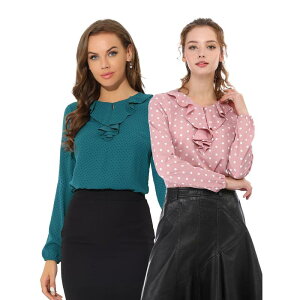 �C���X�p�C�A �V�b�N ���f�B�[�X �g�b�v�X �V���c �h�b�g �t���� �u���E�X INSPIRE CHIC 2 Packs Women's Ruffle Neck Long Sleeve Polka Dots Blouse Shirts Blue Dots Pink Dots �u���[
