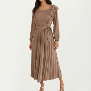 �A���i�J�V ���f�B�[�X �g�b�v�X �����s�[�X �v���[�c �t���� Anna-Kaci Women �f s Pleatedress with Ruffled Shoulders Waistie and Long Sleeves Khaki �J�[�L