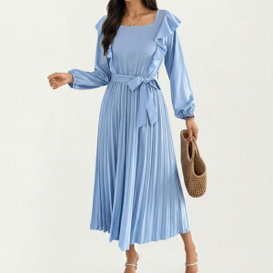 �A���i�J�V ���f�B�[�X �g�b�v�X �����s�[�X �v���[�c �t���� Anna-Kaci Women �f s Pleatedress with Ruffled Shoulders Waistie and Long Sleeves Light Blue �u���[