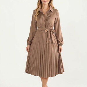 �A���i�J�V ���f�B�[�X �g�b�v�X �����s�[�X �v���[�c �~�f�B �_�E�� Anna-Kaci Women �f s Pleated Midi Dress with Button-Down Front Long Sleeves and Waistie Khaki �J�[�L
