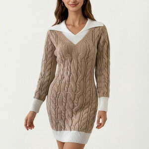 �A���i�J�V ���f�B�[�X �g�b�v�X �����s�[�X V�l�b�N �Z�[�^�[ �j�b�g Anna-Kaci Women's Cable Knit Sweater Dress with V Neck Collar Detail and Long Sleeves Khaki �J�[�L