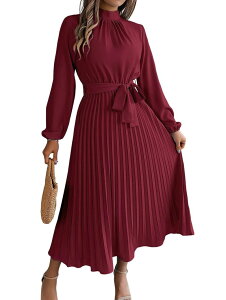 �N���A���u ���f�B�[�X �g�b�v�X �����s�[�X ���b�N�l�b�N �v���[�c Clearlove Women's Mock Neck Long Sleeve Tie Waist Pleated Formal Cocktail Party Dress Wine Red ���b�h