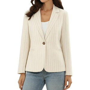 �C���X�p�C�A �V�b�N ���f�B�[�X �A�E�^�[ �W���P�b�g�E�u���]�� �u���U�[ INSPIRE CHIC Striped Blazer for Womenotched Collar Long Sleeve Single Button Business Jacket with Pockets Beige �x�[�W��