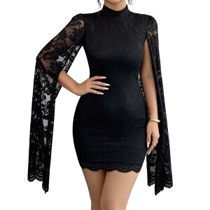�N���A�t�����[ ���f�B�[�X �g�b�v�X �����s�[�X �n�C�l�b�N �~�j ���[�X ClearFlower Women's Lace Mini Dress High Neck Long Sleeve Bodycon Party Dress Black �u���b�N
