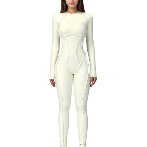 �A���i�J�V ���f�B�[�X �g�b�v�X �����s�[�X �I�[�v���o�b�N �W�����v�X�[�c Anna-Kaci Women's Long Sleeve Fitted One-Piece Activewear Jumpsuit with Open Back Design Off White �I�t�z���C�g