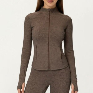 �A���i�J�V ���f�B�[�X �A�E�^�[ �W���P�b�g�E�u���]�� ���b�N�l�b�N Anna-Kaci Women's Long Sleeve Zip-Up Mock Neck Active Jacket withumbhole Cuffs Brown �u���E��