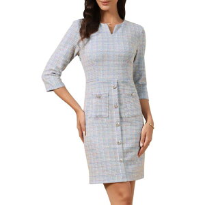 �C���X�p�C�A �V�b�N ���f�B�[�X �g�b�v�X �����s�[�X ���B���e�[�W �c�C�[�h INSPIRE CHIC Tweedress for Women Vintage 3/4 Sleeve Business Office Wear to Work Sheath Dress Multicolor Blue �u���[