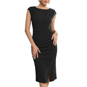 �y���������z �C���X�p�C�A �V�b�N ���f�B�[�X �����s�[�X �g�b�v�X Women's Formal Sheath Dress Sleeveless Boat Neck Ruched Midi Work Dresses Black