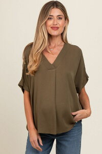 �s���N�u���b�V�� ���f�B�[�X �g�b�v�X T�V���c V�l�b�N �}�^�j�e�B PinkBlush Maternity V-Neck Pin-Tuck Detail Top Olive Green �O���[��