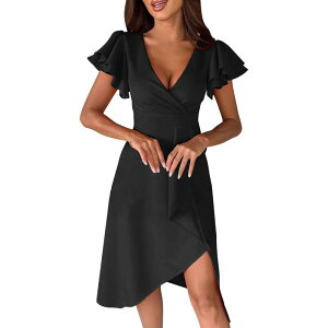 �y���������z �R�W���C�� ���f�B�[�X �����s�[�X �g�b�v�X Womens Summer V Neck Ruffle Sleeve Sheath Casual Cocktail Party Work Faux Wrap Mini Dress Black