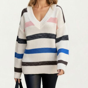 �A���i�J�V ���f�B�[�X �A�E�^�[ �j�b�g�E�Z�[�^�[ V�l�b�N ���u Anna-Kaci Women's Long Sleeve V-Neck Ribbed Knit Sweater with Multicolor Stripes White �z���C�g