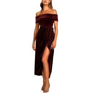�N���A�t�����[ ���f�B�[�X �g�b�v�X �����s�[�X �M���U�[ �x���x�b�g �}�L�V ClearFlower Women'summer Casual Velvet Off Shoulder Maxi Dress Ruched Short Sleeve Slit Party Long Dress Wine Red ���b�h
