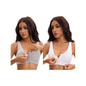 �C���X�p�C�A �V�b�N ���f�B�[�X �A���_�[�E�F�A �u���W���[ INSPIRE CHIC 2 Packs Women's Front Closure Adjustable Strap Wirefree Full Coverage Soft Workout Bras Grey White �z���C�g