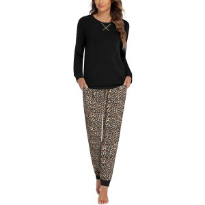 �G�R�A�[ ���f�B�[�X �A���_�[�E�F�A �i�C�g�E�F�A Ekouaer Women �f s Pajama Set Long Sleeve PJs 2 Piece Lounge Set with Pocket Black Leopard �u���b�N