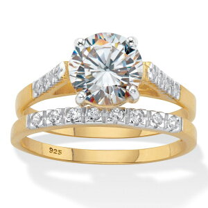 �p�[���r�[�`�W���G���[ ���f�B�[�X �A�N�Z�T���[ �����O PalmBeach Jewelry 2.24 Cttw. Round-Cut CZ Two-Tone Gold-Plated Silver 2 Piece Bridal Ring Set White �z���C�g