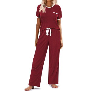 �G�R�A�[ ���f�B�[�X �A���_�[�E�F�A �i�C�g�E�F�A ���u �j�b�g Ekouaer Women Lounge Pajamasets Ribbed Knit PJ Short Sleeve and Long Pj Pant Soft 2 Pc Sleepwear Wine ���C��