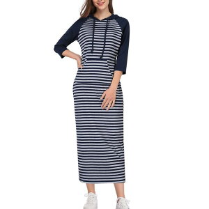 �y���������z �N���A�t�����[ ���f�B�[�X �����s�[�X �g�b�v�X Women's Summer Fall 3/4 Long Sleeve Hooded Drawstring Maxi Dress Casual Pocket Sweatshirt Long Dress Blue Stripe