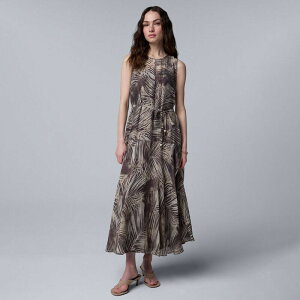 ���F���E�H�� ���f�B�[�X �g�b�v�X �����s�[�X �v�` �}�L�V Petite Simply Vera Wang Beltedropwaist Maxi Dress Brown Palm Allover �u���E��