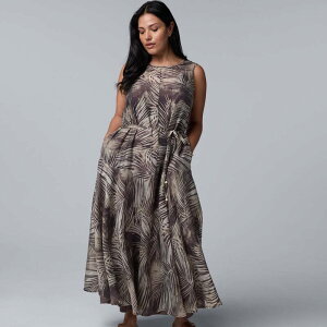 ���F���E�H�� ���f�B�[�X �g�b�v�X �����s�[�X �v���X�T�C�Y �}�L�V Plusize Simply Vera Wang Beltedropwaist Maxi Dress Brown Palm Allover �u���E��