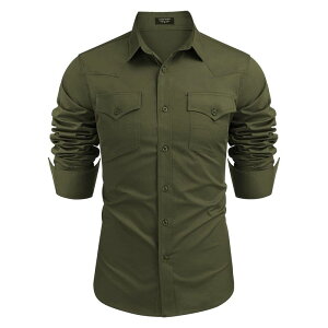 �N�[�t�@���f�B ���f�B�[�X �g�b�v�X T�V���c �{�^���_�E�� �h�J COOFANDY Mens Western Cowboy Dresshirts Long Sleevembroidered Casual Button Down Work Shirt Army Green �O���[��