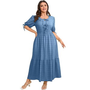 �R�W���C�� ���f�B�[�X �g�b�v�X �����s�[�X �N���[�l�b�N �v���X�T�C�Y �}�L�V Kojooin Women's Plusize Crew Neck Short Sleeve Bowknotie Front Maxi Dress Navy Blue �l�C�r�[