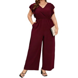 �y���������z �N���A�t�����[ ���f�B�[�X �����s�[�X �g�b�v�X Women's V Neck Ruffle Sleeve Wide Leg Jumpsuit Wrap Style Elastic Waist with Pockets Casual Romper Red