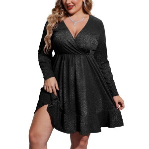 �W�[�O�[ ���f�B�[�X �g�b�v�X �����s�[�X V�l�b�N �v���[�c �X�p���R�[�� Zeagoo Women'sequin Glitter Long Sleeve V Neck Pleated Swing Dress Club Party Dresses Black �u���b�N