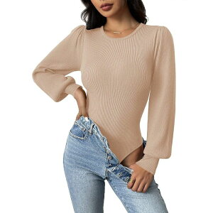 �y���������z �W�[�O�[ ���f�B�[�X �j�b�g�E�Z�[�^�[ �A�E�^�[ Zeagoo Women's Long Puff Sleeve Sweater Fall Slim Fit Pullover Crewneck Ribbed Knit Bodysuit Beige
