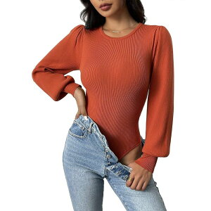 �y���������z �W�[�O�[ ���f�B�[�X �j�b�g�E�Z�[�^�[ �A�E�^�[ Zeagoo Women's Long Puff Sleeve Sweater Fall Slim Fit Pullover Crewneck Ribbed Knit Bodysuit Caramel