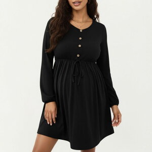 �A���i�J�V ���f�B�[�X �g�b�v�X �����s�[�X �}�^�j�e�B Anna-Kaci Women �f s Maternity Dress with Long Sleevesoft Stretch Fabric Button Front Accents Black �u���b�N