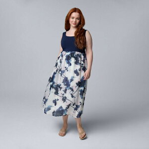 ���F���E�H�� ���f�B�[�X �g�b�v�X �����s�[�X �v���X�T�C�Y �~�f�B Plusize Simply Vera Wang Mixed Media Midi Dress Navy Dye Bouquet �l�C�r�[