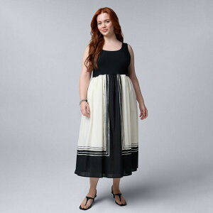 ���F���E�H�� ���f�B�[�X �g�b�v�X �����s�[�X �v���X�T�C�Y �~�f�B Plusize Simply Vera Wang Mixed Media Midi Dress Tan Black Border �u���b�N