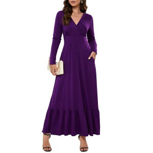 �Z�I���A ���f�B�[�X �g�b�v�X �����s�[�X V�l�b�N �t���� �}�L�V Seoria Womens Long Sleeve Deep V Neck Dress Ruffles Long Maxi Casual Dresses for Women with Pockets Purple �p�[�v��