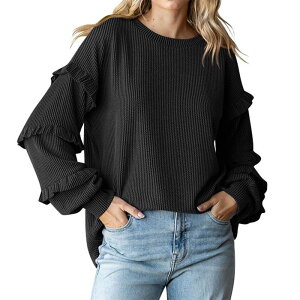 �y���������z �W���C�W���C ���f�B�[�X �j�b�g�E�Z�[�^�[ �A�E�^�[ Women's Lantern Sleeve Long Sleeve Hoodie Crew Neck Ruffled Sleeve Striped Loose Versatile Pullover Black