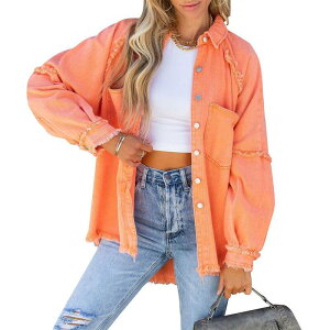 �C�G�X�t�@�b�V���� ���f�B�[�X �A�E�^�[ �W���P�b�g�E�u���]�� �R�[�g �f�j�� Yesfashion Womens Oversizedenim Jacket Frayed Hem Button Front Boyfriend Coat Western Shacket with Pockets Orange �I�����W