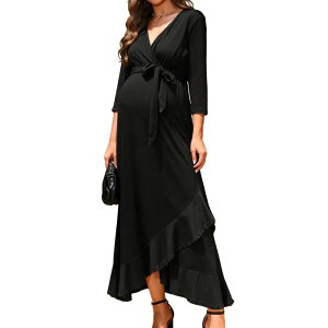 �N���A�t�����[ ���f�B�[�X �g�b�v�X �����s�[�X V�l�b�N �}�^�j�e�B �}�L�V ClearFlower Women's Maternity Wrap V-Neck Maxi Dress Casual 3/4 Sleeve Party Long Dress Black �u���b�N