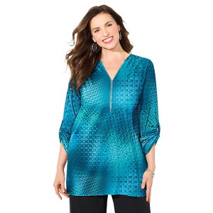 �L���T�����Y ���f�B�[�X �g�b�v�X �V���c V�l�b�N �h���[�v���X�T�C�Y Catherines Women's Plusize Dream Drape Zip V-Neck Top Teal Ombre Geo �e�B�[��