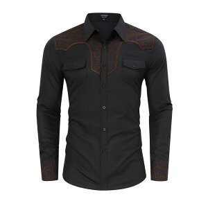 �R�W���C�� ���f�B�[�X �g�b�v�X T�V���c �{�^���_�E�� �R�b�g�� �_�E�� �h�J Kojooin Men's Western Cowboy Shirt Long Sleeve Cotton Embroidered Button Down Work Shirt with Pockets Black �u���b�N