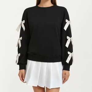 �A���i�J�V ���f�B�[�X �g�b�v�X T�V���c �X�E�F�b�g Anna-Kaci Women's Long Sleeve Pullover Sweatshirt with Ribbon Bow Tie Details on Sleeves Black �u���b�N