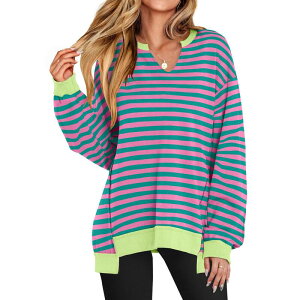 �R�W���C�� ���f�B�[�X �g�b�v�X T�V���c V�l�b�N �X�E�F�b�g Kojooin Women Oversized Striped V Neck Sweatshirt Long Sleeve Color Block Pullover Tops Rose Red ���b�h