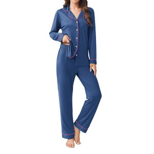 �G�R�A�[ ���f�B�[�X �A���_�[�E�F�A �i�C�g�E�F�A �{�^���_�E�� �p���c �_�E�� Ekouaer Womens Pajamaset 2 Piece Button Down Sleepwear Soft Long Sleeve Top and Pants Pjs Lounge Deep Blue �u���[