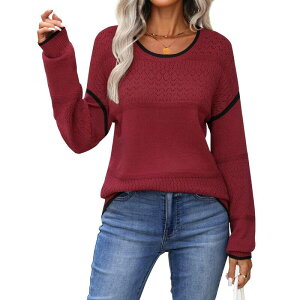 �W�[�O�[ ���f�B�[�X �A�E�^�[ �j�b�g�E�Z�[�^�[ �N���[�l�b�N Zeagoo Women's Long Sleeve Crew Necknit Pullover Sweater Lightweight Crochet Fall Tops Red Black �u���b�N